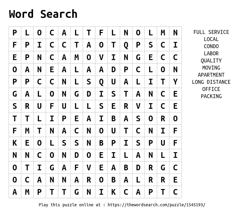 Moving Services Scottsdale Word Search